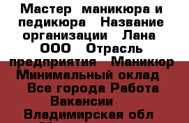 Мастер  маникюра и педикюра › Название организации ­ Лана, ООО › Отрасль предприятия ­ Маникюр › Минимальный оклад ­ 1 - Все города Работа » Вакансии   . Владимирская обл.,Муромский р-н